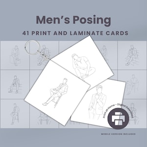 Peut inclure: Un ensemble de 41 cartes imprimées et laminées pour les poses masculines, avec des dessins au trait de différentes poses. L'image comprend un porte-clés et une option de téléchargement numérique. Le texte "Men's Posing" est affiché en haut.