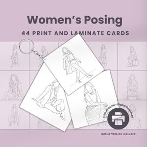 May include: A set of white cards with line drawings of women in various poses, attached to a silver keyring. The cards are labeled "Women's Posing" and include the text "44 PRINT AND LAMINATE CARDS". A digital download option is also available.