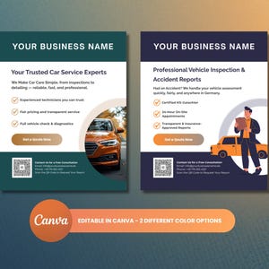 Puede incluir: Dos folletos promocionales para un servicio de automóviles. Uno es verde azulado con un coche naranja, el otro es azul marino con una ilustración de coche amarillo. Ambos incluyen texto sobre servicios e información de contacto.