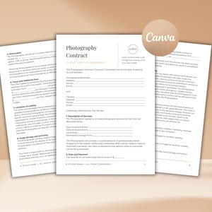 Photography Contract Canva template: Editable Client Service Agreement Form For Photographers, Client Consent