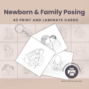 May include: A set of 43 print and laminate cards for newborn and family posing, featuring line drawings of parents and babies. The cards are attached to a silver keyring. The text "Newborn & Family Posing" is at the top.
