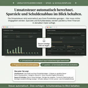 Steuern automatisch erledigt und Ziele immer vor Augen — Umsatzsteuer-Tracker liest direkt aus Einnahmen und Ausgaben mit monatlichem Balkendiagramm, eingenommene versus gezahlte Steuer und Netto-Steuerposition automatisch berechnet, neben dem Spar- und Schulden-Tab mit Schuldenabbau-Prognose und Lawinen- und Schneeballmethode für Selbständige und Kleinunternehmer.
