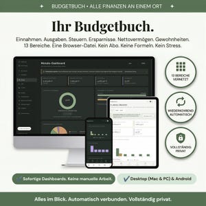 Endlich Einnahmen und Ausgaben im Blick ohne Excel — Haushaltsbuch und Budgetplaner Deutsch für Privatpersonen, Selbständige und Kleinunternehmer auf Laptop und Tablet, automatisch berechnetes Monats-Dashboard mit Gewinnmarge, HTML-Finanzplaner Download der ohne Google Sheets und ohne Formeln im Browser läuft, alle Daten bleiben privat auf deinem Gerät ohne Cloud-Anmeldung.
