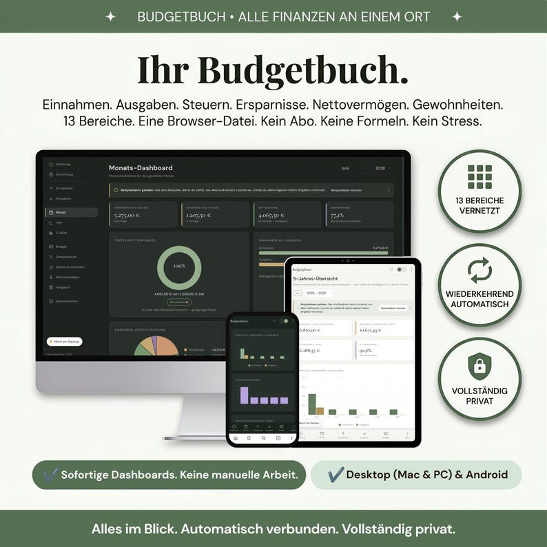 Endlich Einnahmen und Ausgaben im Blick ohne Excel — Haushaltsbuch und Budgetplaner Deutsch für Privatpersonen, Selbständige und Kleinunternehmer auf Laptop und Tablet, automatisch berechnetes Monats-Dashboard mit Gewinnmarge, HTML-Finanzplaner Download der ohne Google Sheets und ohne Formeln im Browser läuft, alle Daten bleiben privat auf deinem Gerät ohne Cloud-Anmeldung.