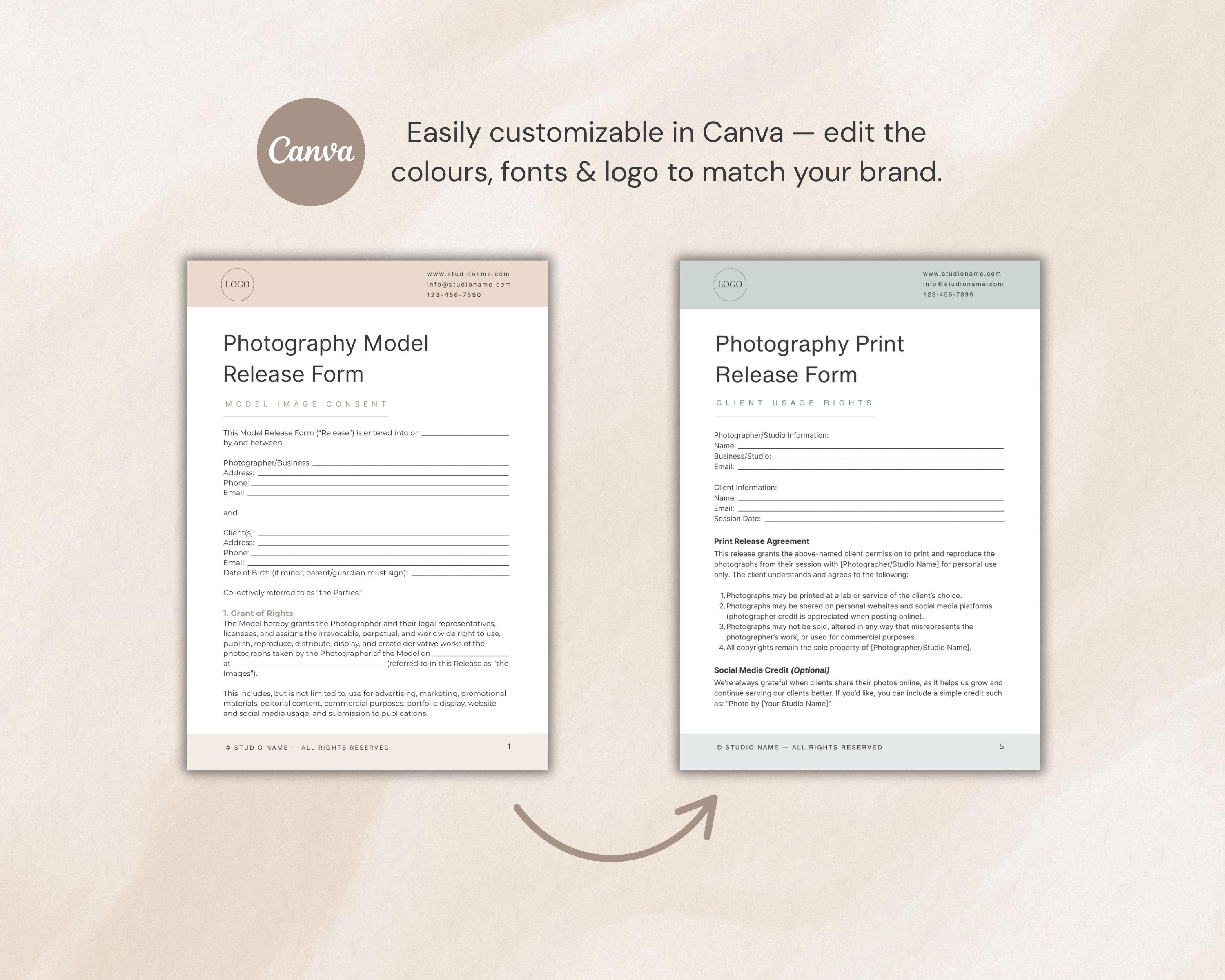Editable Canva Model Release Form Template for Photographers, Image ...
