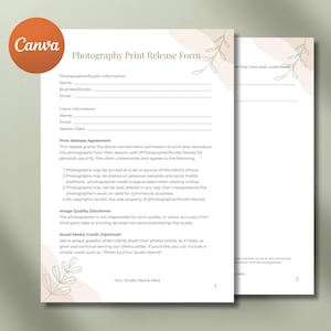 May include: A Photography Print Release Form with the Canva logo in a circular orange shape. The form includes sections for photographer and client information, and a print release agreement. The design features a neutral color palette with botanical accents.