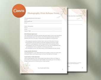 Pode incluir: Um Formulário de Autorização de Impressão de Fotografia com o logotipo Canva em um círculo laranja. O formulário inclui seções para informações do fotógrafo e do cliente, e um acordo de autorização de impressão. O design apresenta uma paleta de cores neutras com detalhes botânicos.