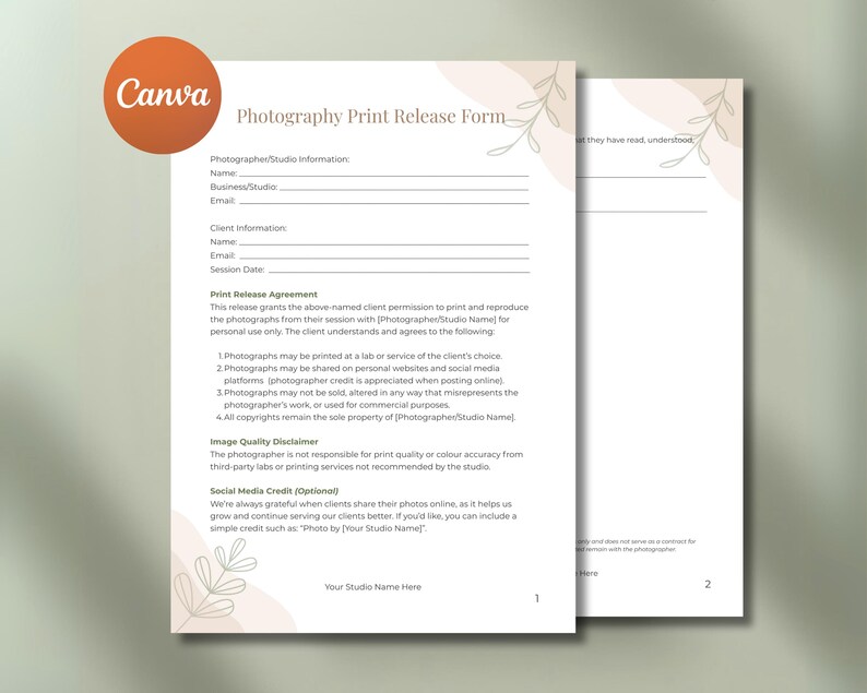 Photography Print Release Form Template: Canva Editable Contract for ...