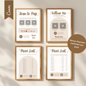 Könnte beinhalten: Vier gerahmte Drucke mit Holzrahmen. Zwei Drucke zeigen eine Preisliste. Ein Druck sagt "Scan to Pay" mit QR-Codes. Ein anderer sagt "Follow Us on Social Media" mit QR-Codes. Ein Bonus-Symbolpaket wird ebenfalls angezeigt.