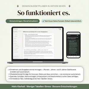 Einmal eintragen und überall automatisch aktualisiert — digitales Haushaltsbuch und Budgetplaner Deutsch zeigt die Willkommens-Anleitung auf Laptop und Smartphone, kein Excel keine Formeln, Monats- Jahres- und 5-Jahres-Dashboards erstellen sich automatisch, wiederkehrende Einträge erscheinen von selbst, 13 interaktive Tabs vollständig privat für Privatpersonen und Selbständige.