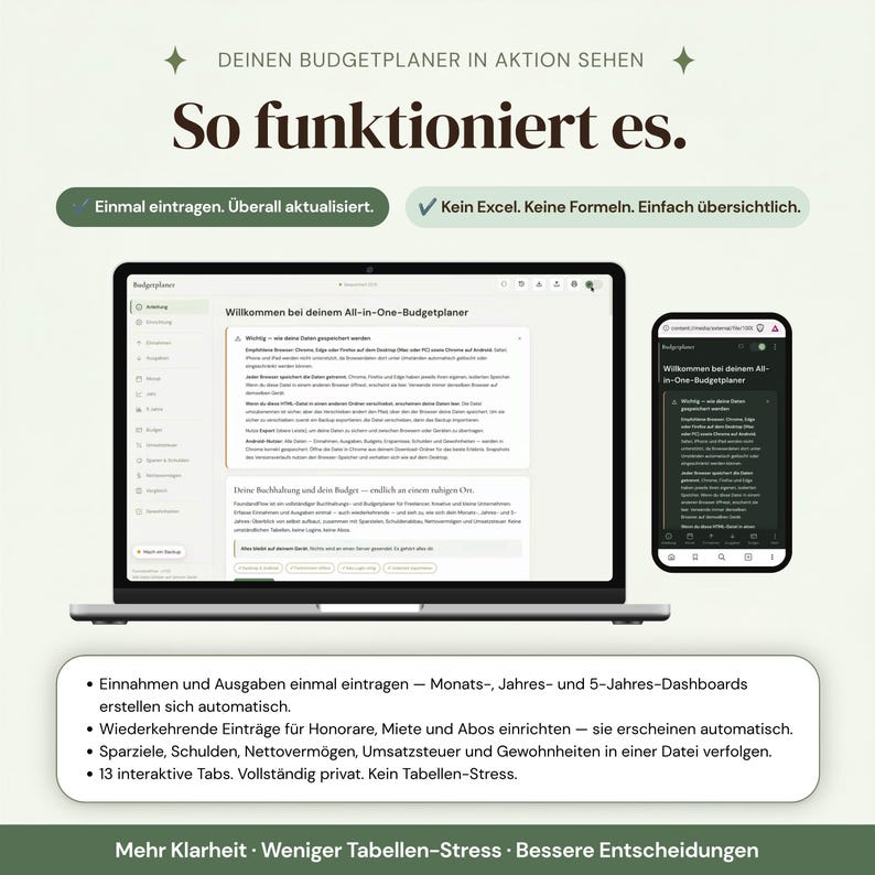 Einmal eintragen und überall automatisch aktualisiert — digitales Haushaltsbuch und Budgetplaner Deutsch zeigt die Willkommens-Anleitung auf Laptop und Smartphone, kein Excel keine Formeln, Monats- Jahres- und 5-Jahres-Dashboards erstellen sich automatisch, wiederkehrende Einträge erscheinen von selbst, 13 interaktive Tabs vollständig privat für Privatpersonen und Selbständige.