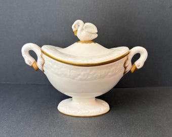 Vintage Mottehedeh White Porcelain Swan Handle Covered Tureen with Lid