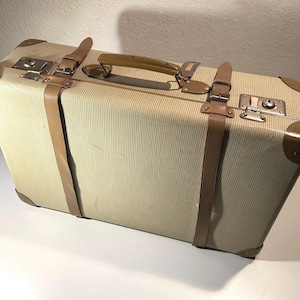 Vintage Reisekoffer 1950er 1960er Mid Century Hartschalenkoffer Creme Braun Deko Koffer Retro Storage Film Prop 54 cm