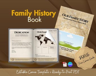 Może przedstawiać: Książka historii rodziny z tytułem "Family History Book". Otwarta książka wyświetla mapę świata i tekst. Widoczna jest druga książka zatytułowana "OUR FAMILY STORY". Obraz zawiera bonusowy przewodnik Canva.