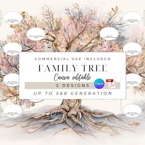 May include: A watercolor-style family tree design with a tree illustration and blank circles for names. The text includes "COMMERCIAL USE INCLUDED", "FAMILY TREE", "Canva editable", "2 DESIGNS", and "UP TO 5 & 8 GENERATION".