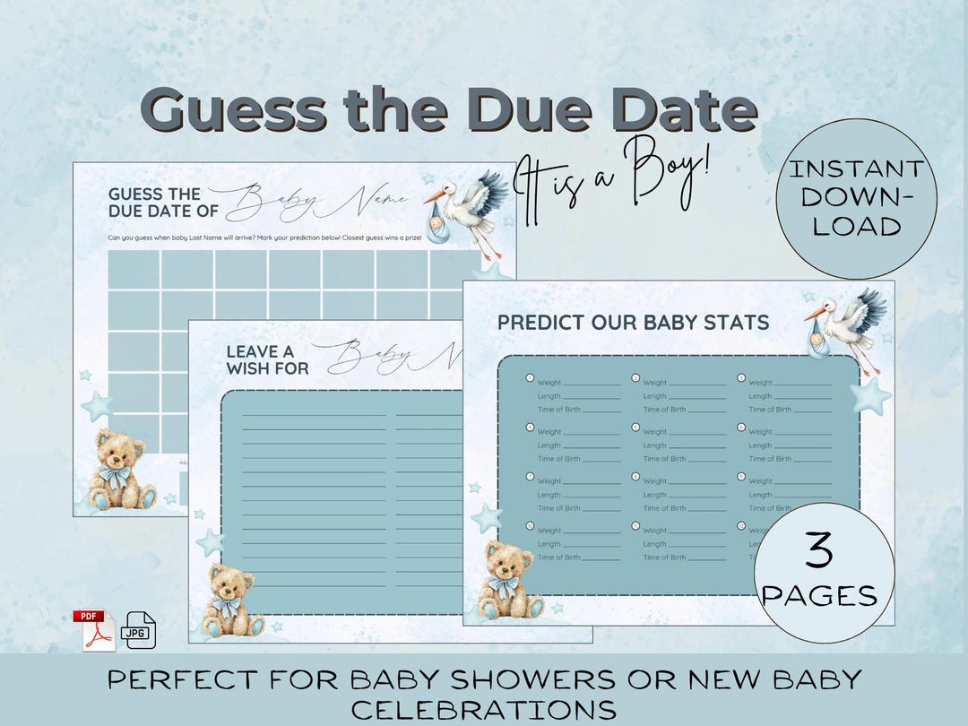 Baby Boy Shower Game Bundle – Printable Due Date | Wishes & Stats Cards ...