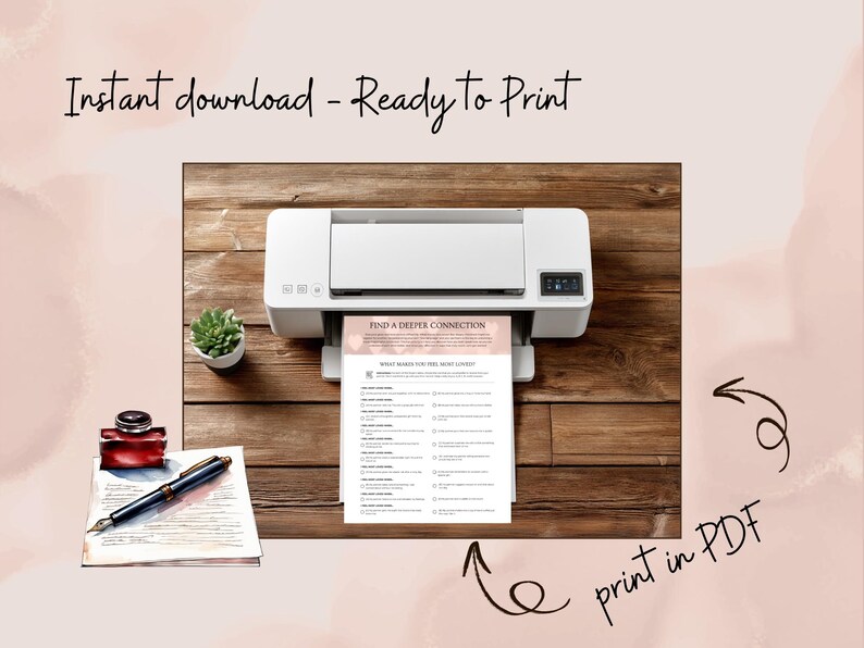 Printable Love Language Activity worksheet shown next to printer — promoting instant download and ready-to-print PDF format.