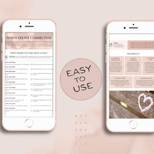 Mobile preview of Love Language Activity pages displayed on smartphones — showing quiz and results section optimized for digital use.