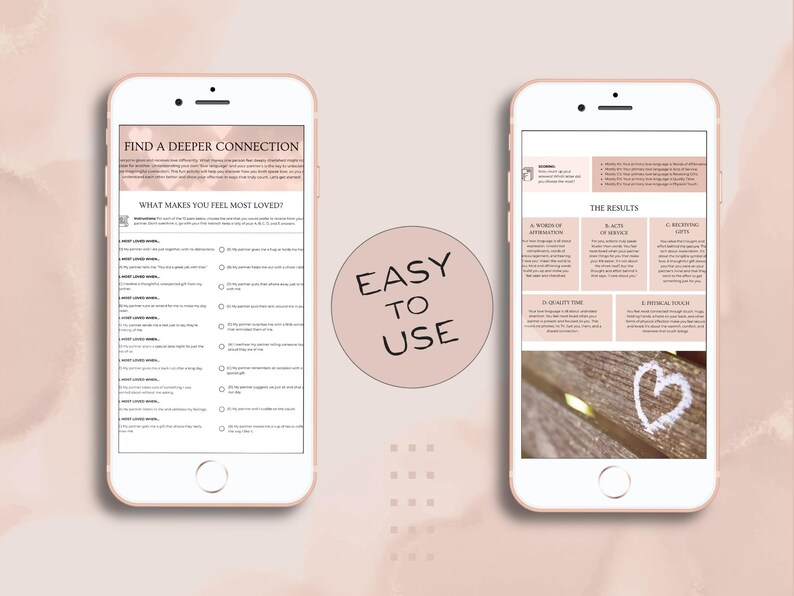 Mobile preview of Love Language Activity pages displayed on smartphones — showing quiz and results section optimized for digital use.