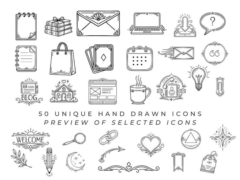 Handrawn Web Icon Hand Drawn Website Icon Set - 50 PNG & SVG Line Art Icons (instant ...