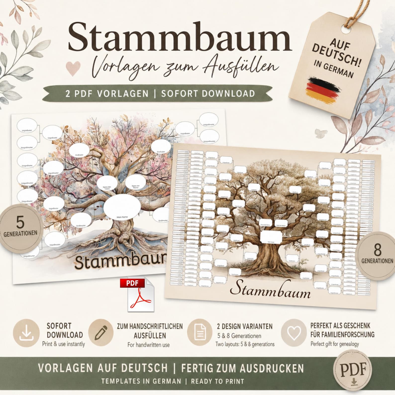 Family Tree Template German | 5 & 8 Generation Chart | Genealogy Gift | Stammbaum (Instant Download PDF + JPG)