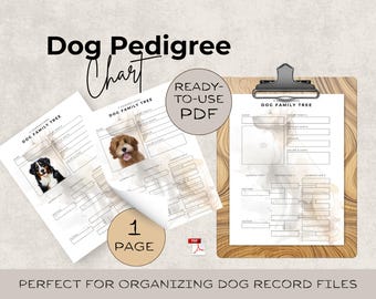 May include: A dog pedigree chart with the text "Dog Pedigree Chart" and "Dog Family Tree". The chart includes spaces for dog photos and family information. A clipboard holds a chart, and two printed charts are on the left.
