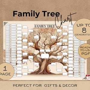 Könnte beinhalten: Stammbaum-Diagramm mit detaillierter Baumillustration, konzipiert für bis zu 8 Generationen. Das Diagramm enthält den Text "Family Tree" und "Perfect for Gifts & Decor". Es ist ein sofort einsatzbereites PDF.