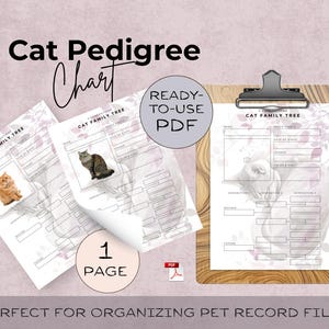 May include: A cat pedigree chart with the text "Cat Pedigree Chart" and "Cat Family Tree". The image includes a ready-to-use PDF and a 1-page design. The chart is designed for organizing pet records.