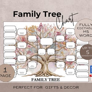 Puede incluir: Un diagrama de árbol genealógico con una ilustración de acuarela de un árbol con hojas rosas y amarillas. El diagrama incluye cuadros de texto para los miembros de la familia y las palabras "Family Tree" y "Chart". Totalmente editable en MS Word, hasta 5 generaciones.