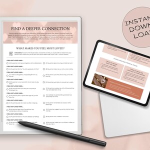 Digital Love Language Quiz workbook displayed on tablet and e-reader, showing printable couple activity pages for discovering your love language.
