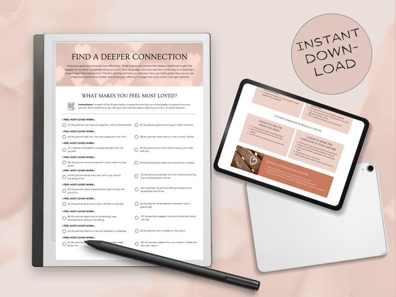 Digital Love Language Quiz workbook displayed on tablet and e-reader, showing printable couple activity pages for discovering your love language.