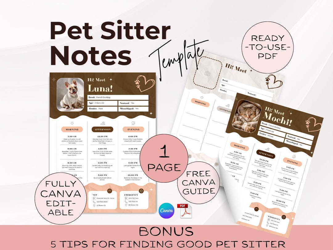 Pets Design Note Pet Sitter Notes Canva Template - Editable Pet Care Instructions ...