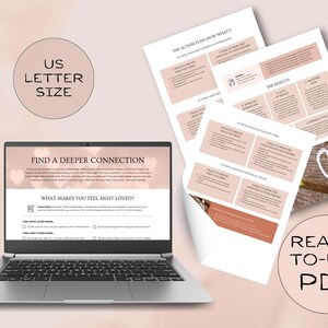 Preview of printable Love Language Activity workbook for couples, including quiz and action plan pages in warm blush tones.