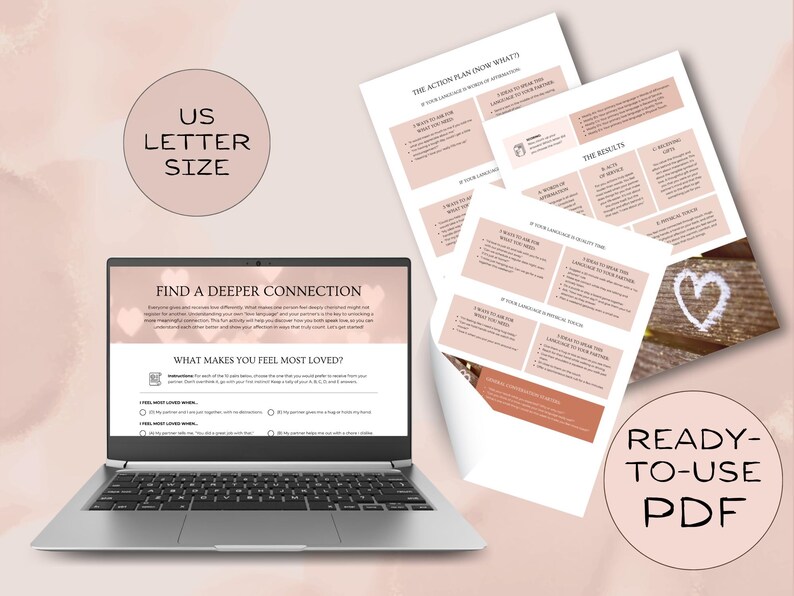 Preview of printable Love Language Activity workbook for couples, including quiz and action plan pages in warm blush tones.