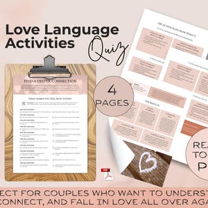 Main cover image for the Love Language Activities Quiz — includes preview pages and tagline “Perfect for couples who want to understand, reconnect, and fall in love all over again.”
