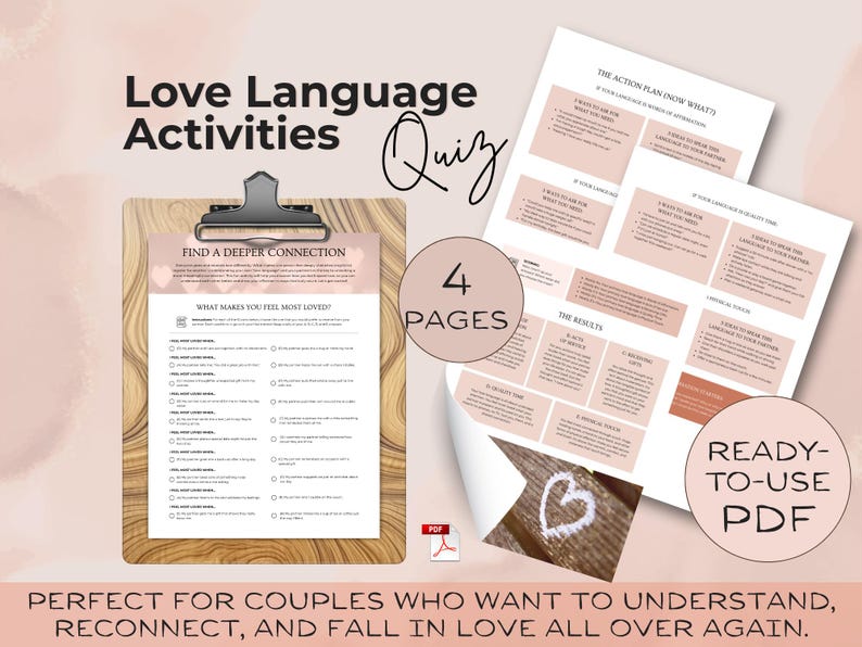 Main cover image for the Love Language Activities Quiz — includes preview pages and tagline “Perfect for couples who want to understand, reconnect, and fall in love all over again.”