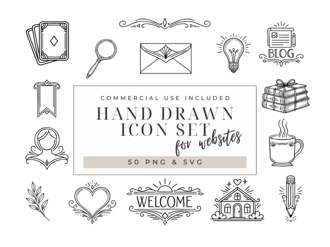 Hand Drawn Website Icon Set - 50 PNG & SVG Line Art Icons (instant ...