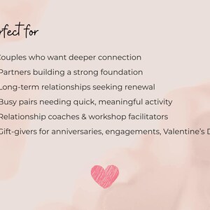 Perfect for couples who want deeper connection — minimalist presentation slide with soft blush background and check-mark list of target users.