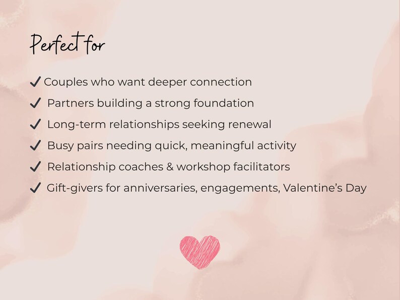 Perfect for couples who want deeper connection — minimalist presentation slide with soft blush background and check-mark list of target users.