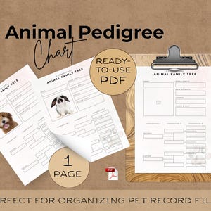 May include: An animal pedigree chart with the text "Animal Pedigree Chart" at the top. The chart includes spaces for pet information and a family tree. The words "Ready-to-use PDF" are also visible. The image includes a clipboard and two pages with pet photos.