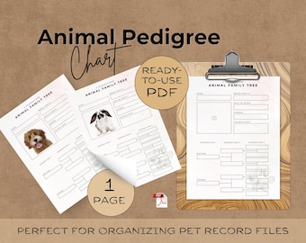 May include: An animal pedigree chart with the text "Animal Pedigree Chart" at the top. The chart includes spaces for pet information and a family tree. The words "Ready-to-use PDF" are also visible. The image includes a clipboard and two pages with pet photos.