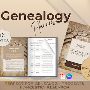 Puede incluir: Un planificador de genealogía con 46 páginas, abierto para mostrar las páginas interiores. La portada y las páginas interiores presentan un diseño de árbol. El texto "Genealogy Planner" es visible en la portada. Incluye una guía Canva de bonificación.
