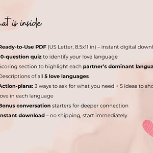 What’s inside slide — lists features of the Love Language Activity PDF including quiz, results, and action plans for couples.