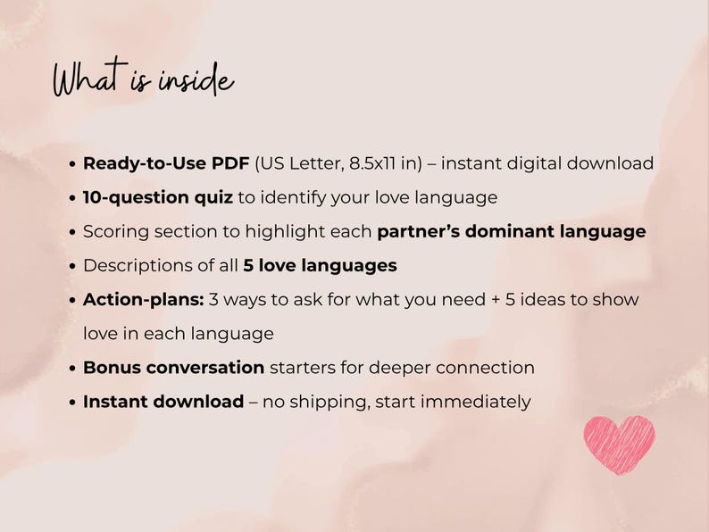 What’s inside slide — lists features of the Love Language Activity PDF including quiz, results, and action plans for couples.