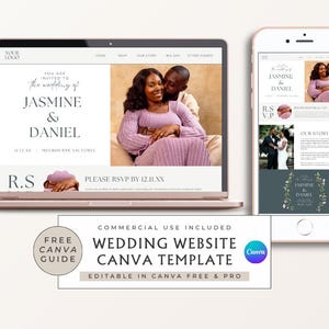 Könnte beinhalten: Ein Laptop und ein Smartphone zeigen eine Hochzeit Website Vorlage. Die Website zeigt die Namen "Jasmine & Daniel" und RSVP-Informationen. Die Vorlage enthält ein Foto eines Paares und den Text "Wedding Website Canva Template".