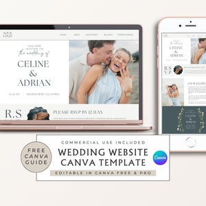 May include: A rose gold laptop and phone show a wedding website template. The website displays photos of a couple, the names Celine & Adrian, and RSVP details. The image includes text: "Wedding Website Canva Template".