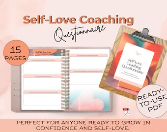 May include: A self-love coaching questionnaire with 15 pages, spiral-bound, and a ready-to-use PDF. The cover features the text "Self-Love Coaching Questionnaire". The design includes soft pink and teal watercolor accents.