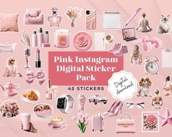 Pink Instagram Stickers | 45 PNG Clipart, Lifestyle Graphics (Digital Download