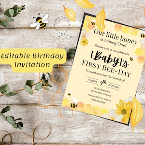Editable First Bee Day Birthday Invitation | Bee Theme | 1st Birthday Party Invite | Editable Canva Template | Instant Download