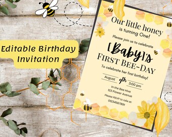 Invitación editable para el primer cumpleaños de las abejas / Tema de abejas / Invitación para el primer cumpleaños / Plantilla editable de Canva / Descarga instantánea